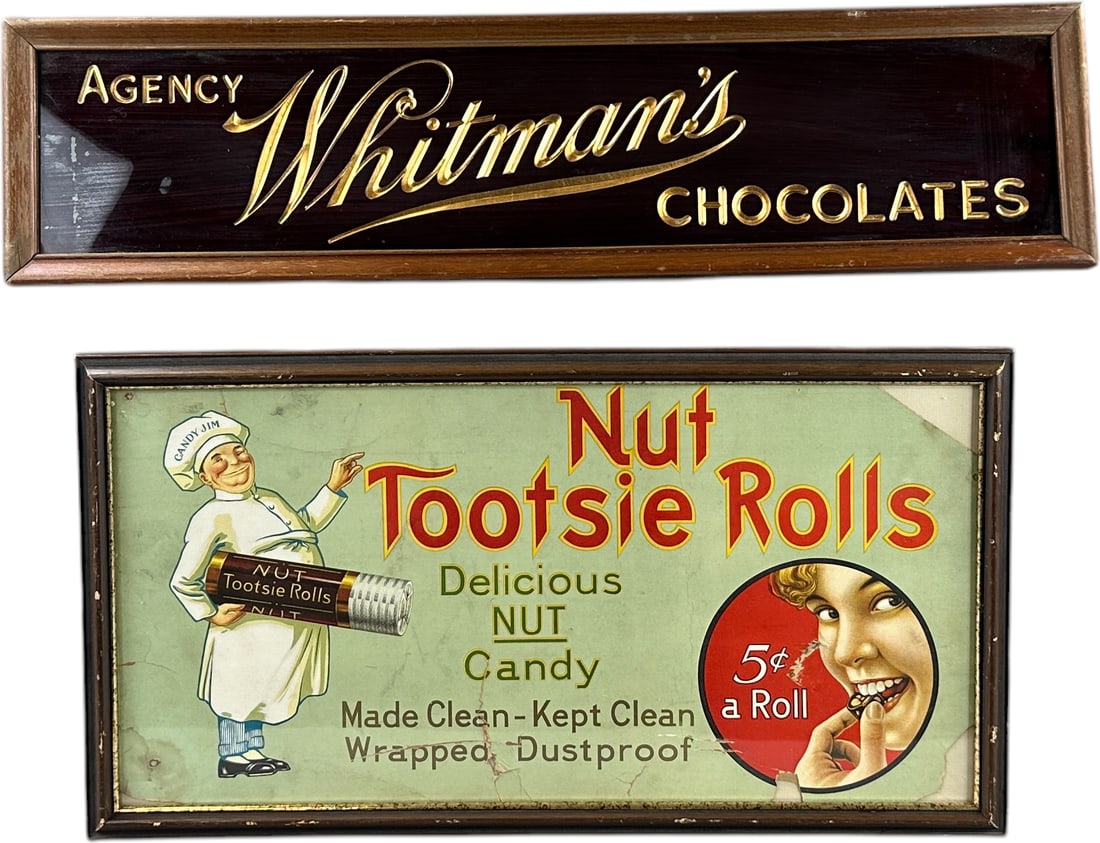 TOOTSIE ROLL TROLLEY CAR SIGN & GLASS WHITMANS: 118. TOOTSIE ROLL TROLLEY CAR SIGN & GLASS WHITMANS | chocolate sign | 29.5" l. | Tootsie roll: two corners missing & some tearing (Very Good Condition); Chocolate (Excellent Condition) | $200 - $400