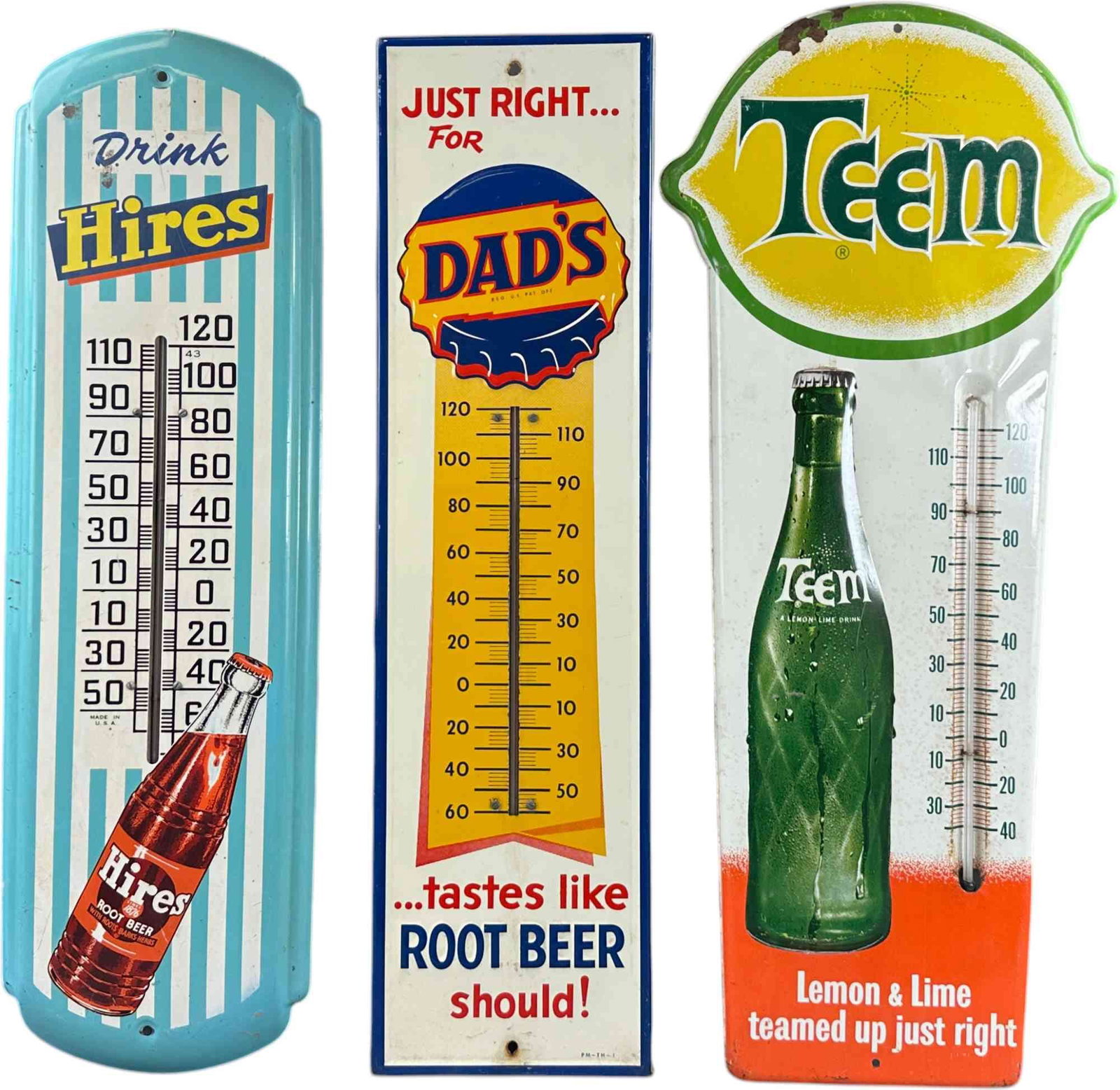 THREE COLORFUL SODA THERMOMETERS: 120. THREE COLORFUL SODA THERMOMETERS | 27" h. | (Excellent Condition) | $200 - $400
