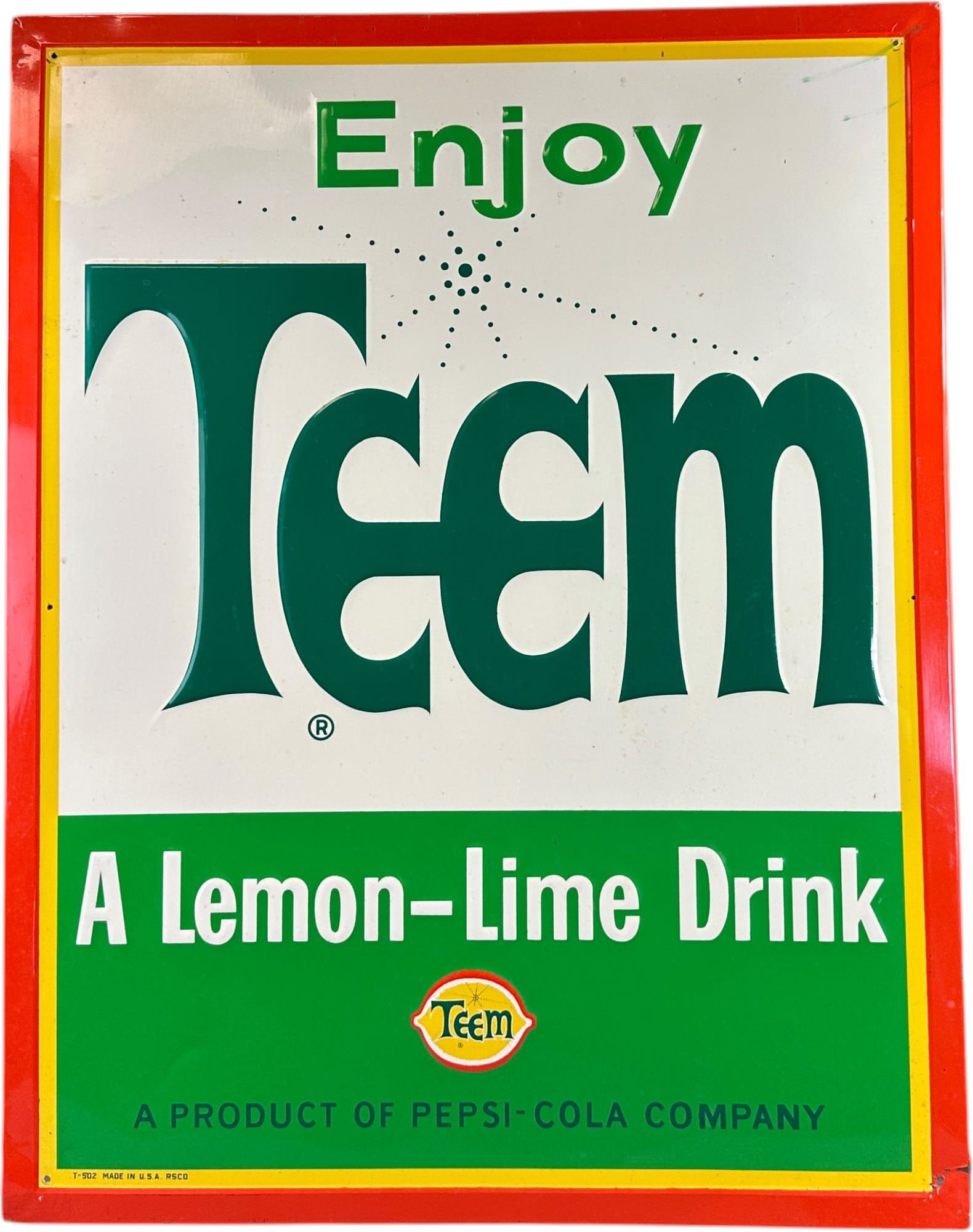 1960S TEEM SODA EMBOSSED SIGN: 121. 1960S TEEM SODA EMBOSSED SIGN | 34" h. | (Excellent Condition) | $300 - $600