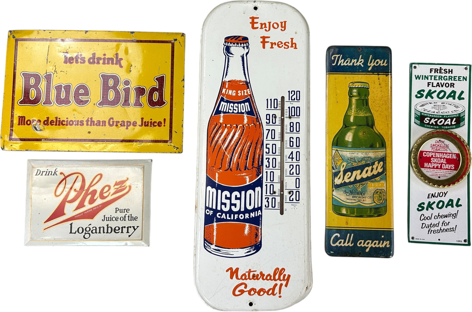 FIVE VINTAGE BEVERAGE & TOBACCO SIGNS (1 of 3)