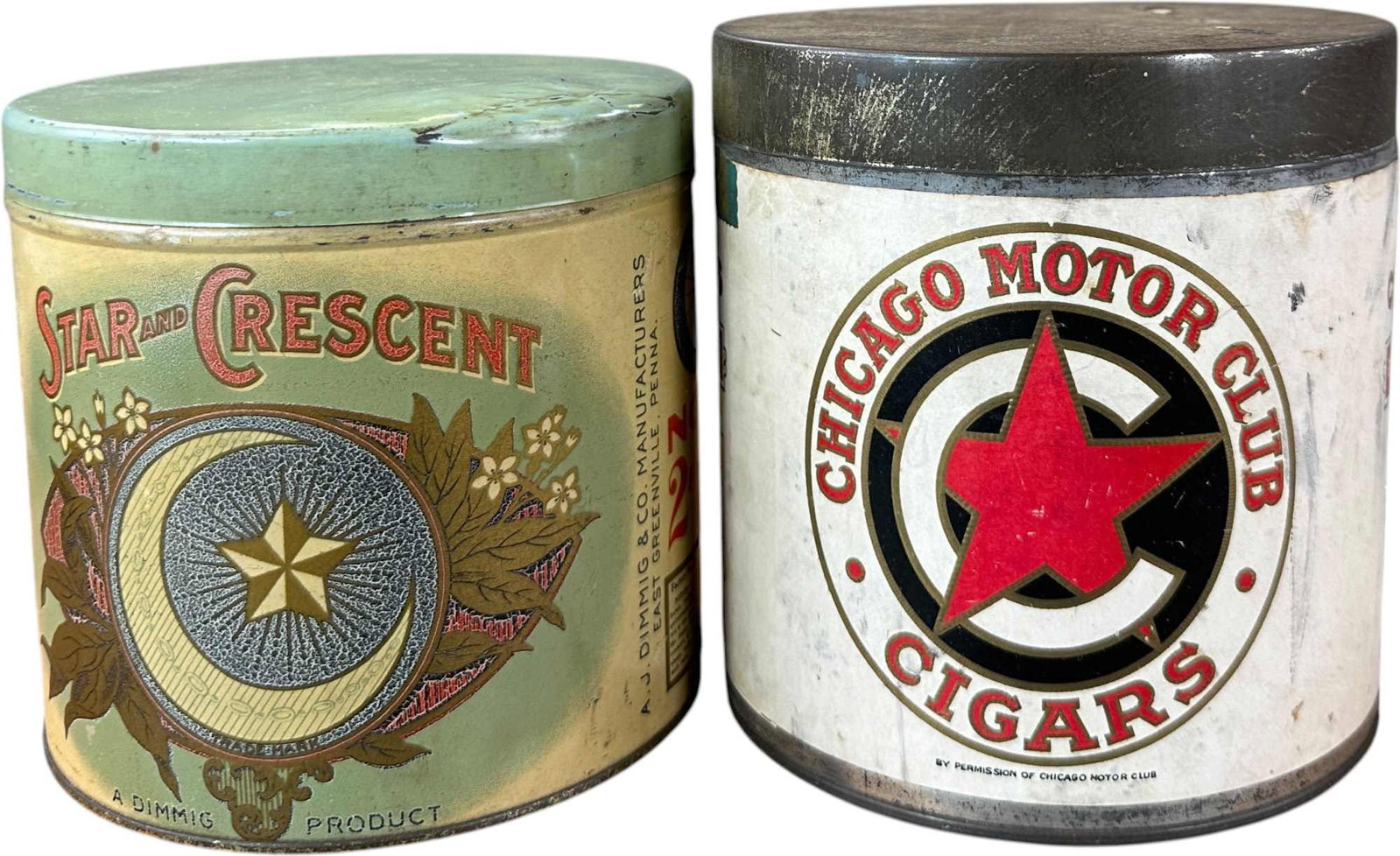 WO ADVERTISING CIGAR TINS: 135. WO ADVERTISING CIGAR TINS | Including Star and Crescent, manufactured by A.J. Dimmig & Co., Greenville, Pennsylvania, with elaborate star-and-crescent graphics; and Chicago Motor Club Cigars, fea