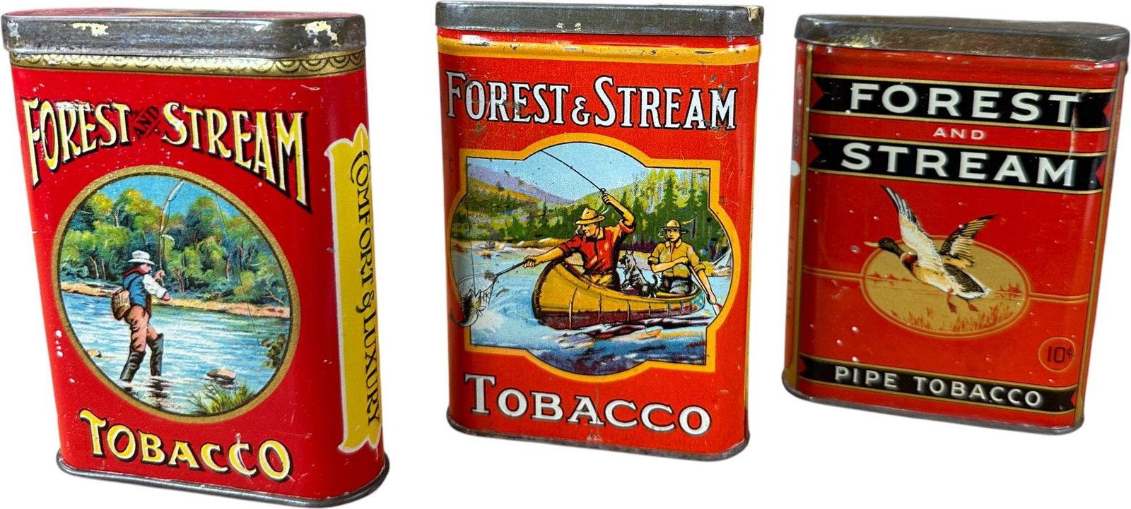 LOT OF THREE FOREST & STREAM TOBACCO TINS: 137. LOT OF THREE FOREST & STREAM TOBACCO TINS | Three colorful lithographed Forest & Stream tobacco tins featuring outdoor sporting imagery, two depict fishermen in woodland and canoe scenes, while