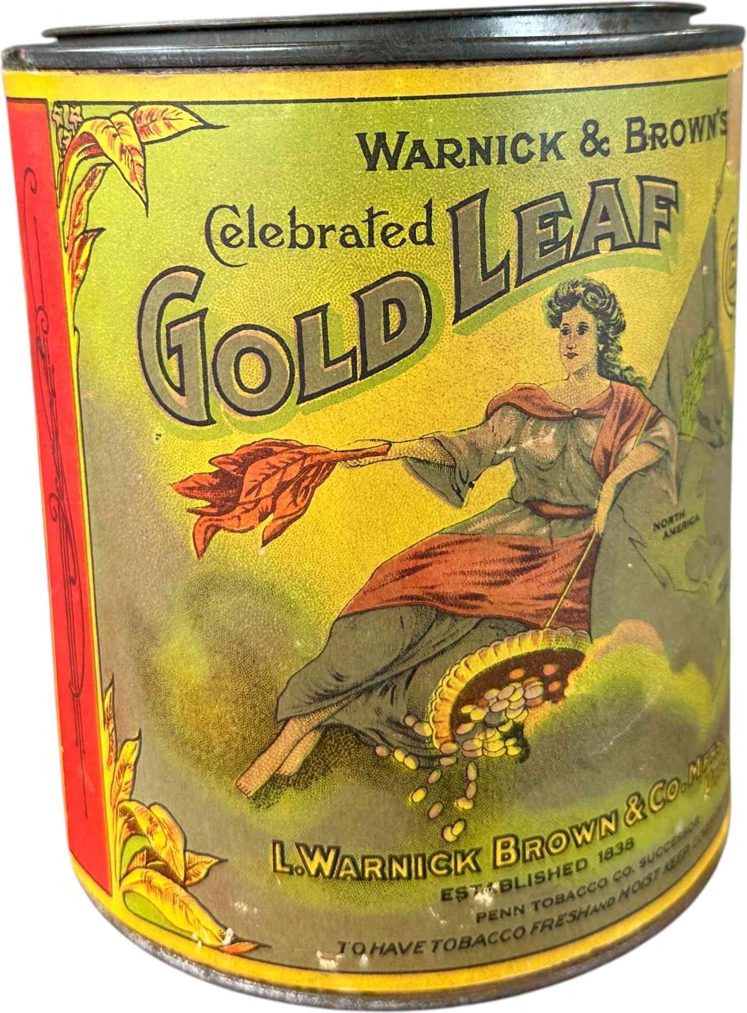 PAPER LABEL GOLD LEAF TOBACCO CAN: 138. PAPER LABEL GOLD LEAF TOBACCO CAN | 7" h. | (Very Good to Excellent Condition) | $200 - $400