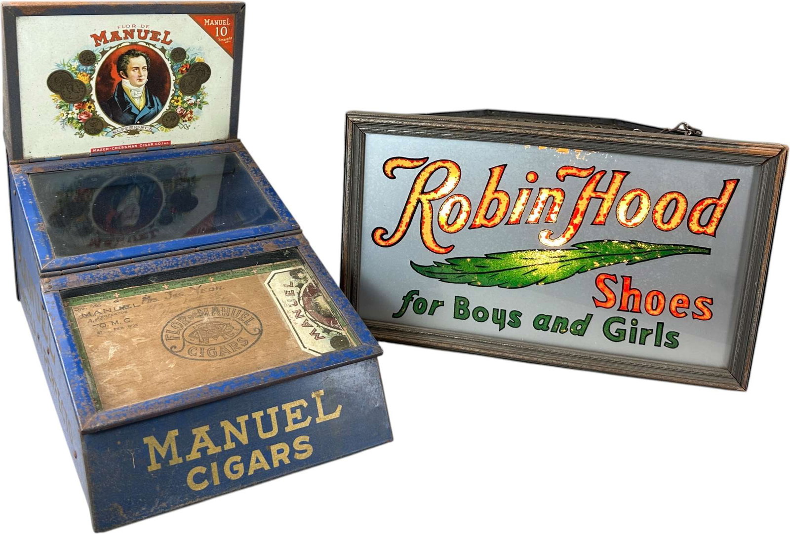 ROBIN HOOD SHOES LIGHT UP SIGN & TIN MANUAL CIGAR (1 of 9)