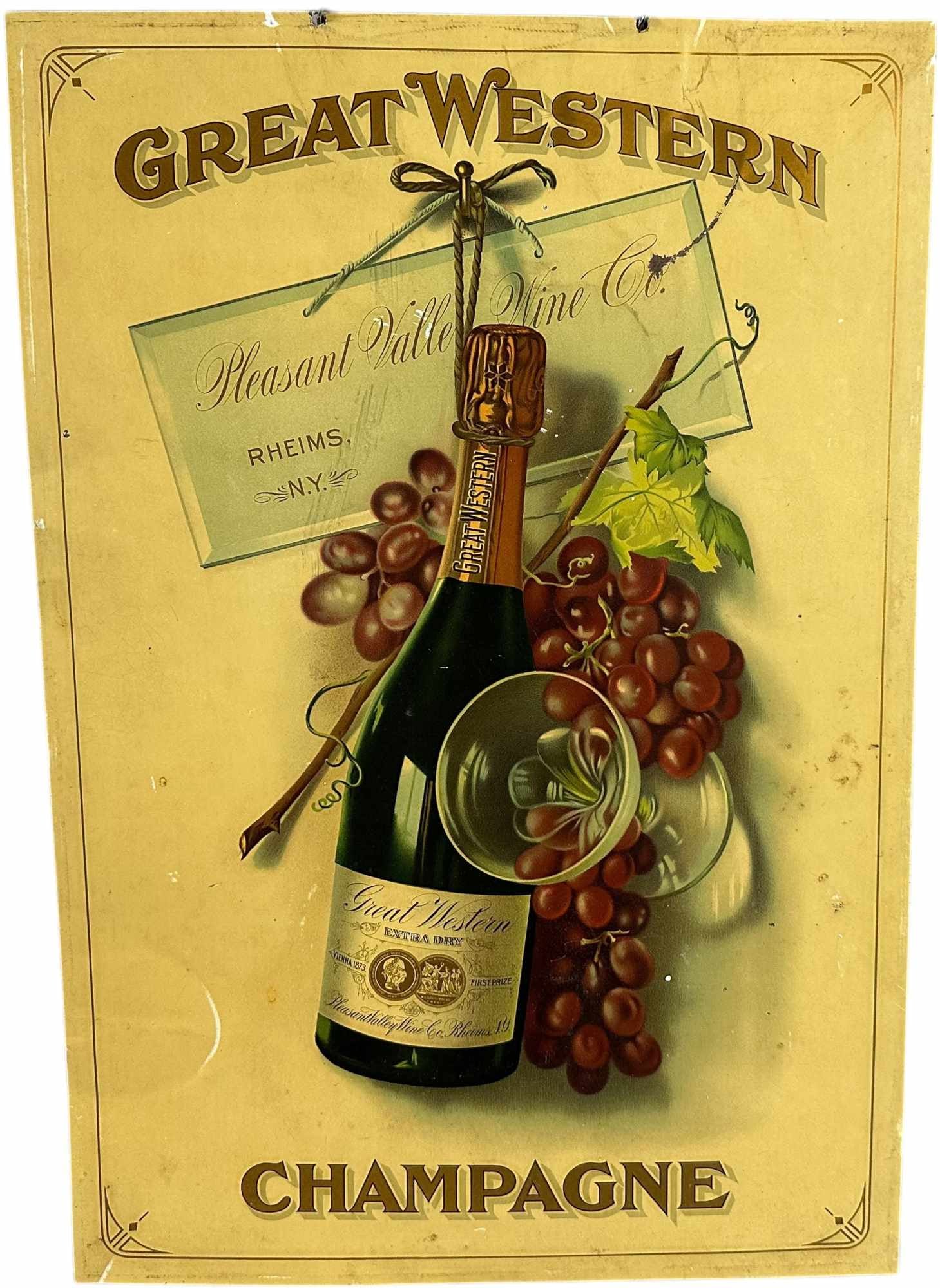 GREAT WESTERN EMBOSSED TIN CHAMPAGNE SIGN: 145. GREAT WESTERN EMBOSSED TIN CHAMPAGNE SIGN | 19" h. x 13" w. | (Excellent Condition) with very minor denting. | $200 - $400