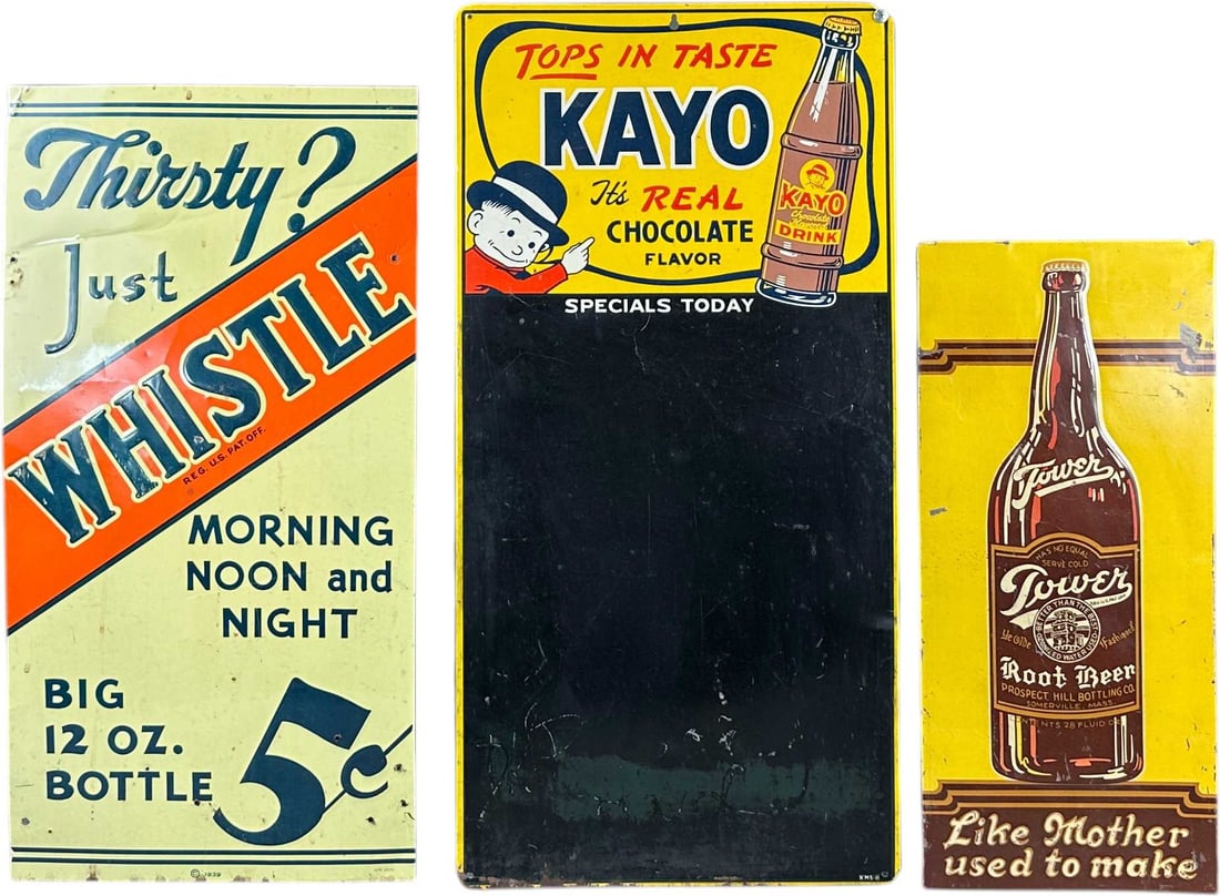 THREE SODA SIGNS: 162. THREE SODA SIGNS | 27" l. | (Excellent Condition) | $200 - $400