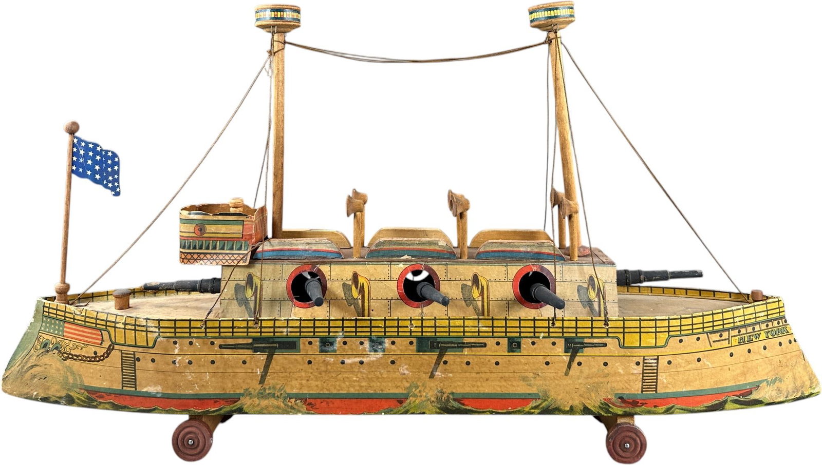 BLISS BATTLESHIP NEW YORK: 172. BLISS BATTLESHIP NEW YORK | Provenance: Richard Mueller Collection. | Given the age and inherently fragile nature of these paper-lithographed wood toys, staining, tears, repairs, restoration, and