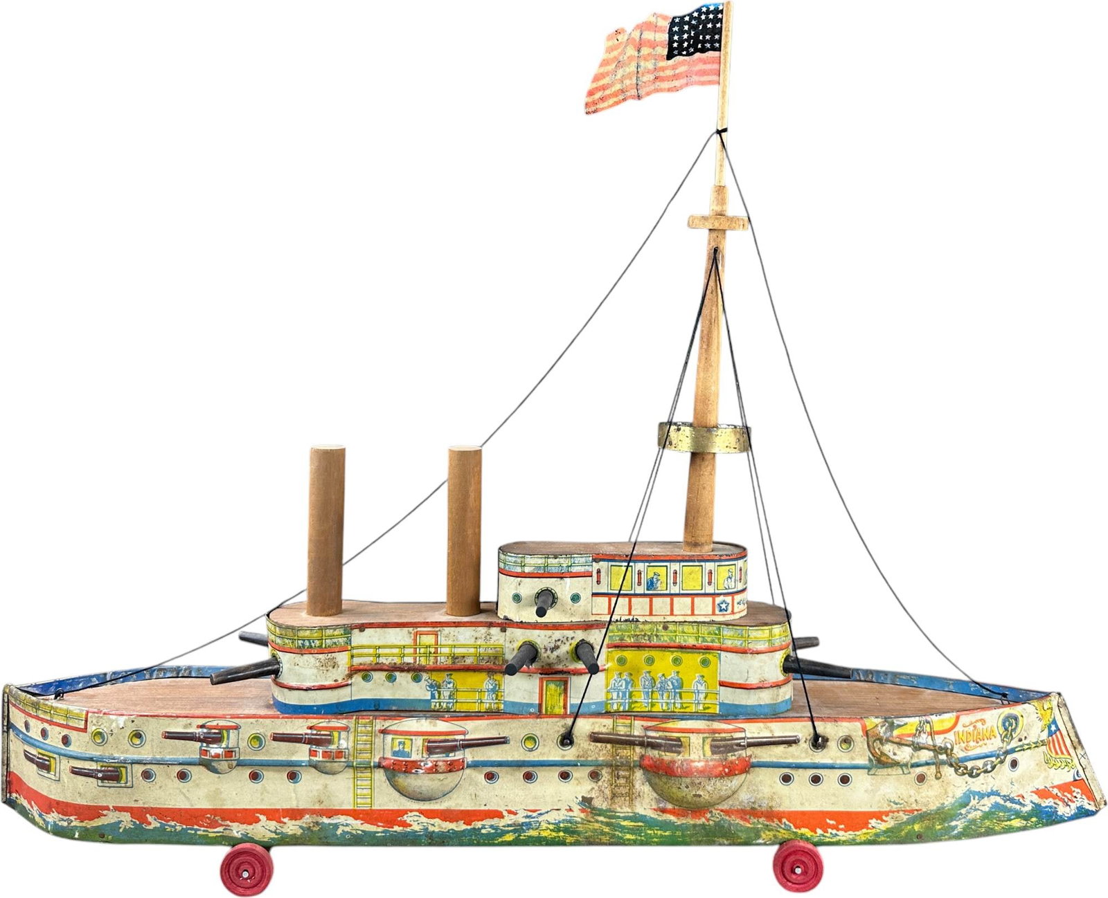BLISS TINPLATE BATTLESHIP INDIANA: 173. BLISS TINPLATE BATTLESHIP INDIANA | Scarce example made of lithographed tin instead of paper over wood. Provenance: Richard Mueller Collection. | Given the age and inherently fragile nature of