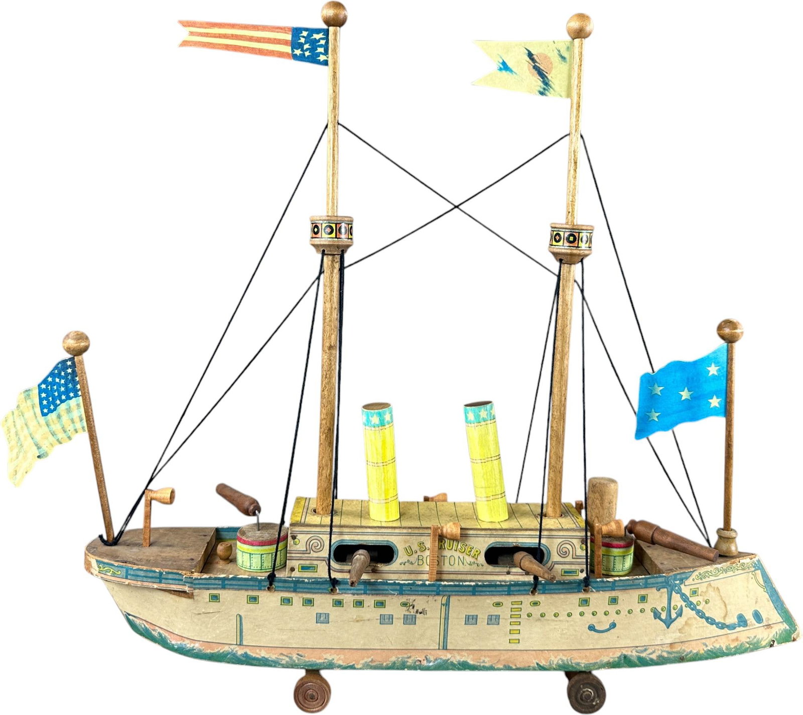 BLISS US CRUISER BOSTON SHIP: 179. BLISS US CRUISER BOSTON SHIP | Provenance: Richard Mueller Collection. | Given the age and inherently fragile nature of these paper-lithographed wood toys, staining, tears, repairs, restoration, 