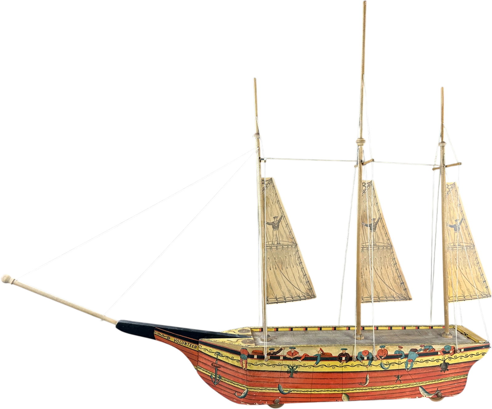 REED VOLUNTEER FISHING BOAT: 184. REED VOLUNTEER FISHING BOAT | Provenance: Richard Mueller Collection. | Given the age and inherently fragile nature of these paper-lithographed wood toys, staining, tears, repairs, restoration, a