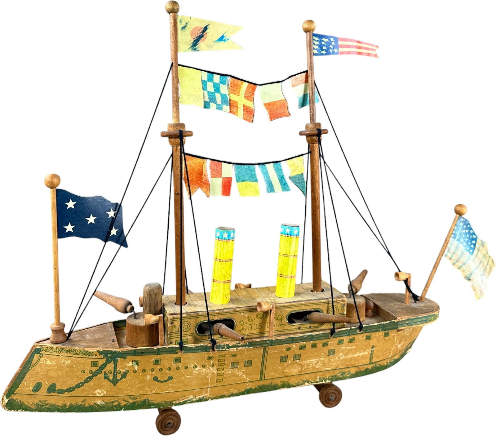 BLISS US CRUISER BOSTON: 186. BLISS US CRUISER BOSTON | Provenance: Richard Mueller Collection. | Given the age and inherently fragile nature of these paper-lithographed wood toys, staining, tears, repairs, restoration, and o