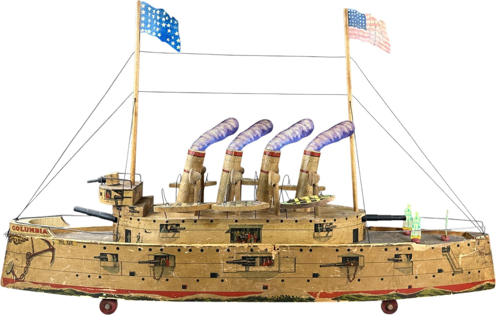 LARGE REED BATTLESHIP COLUMBIA: 189. LARGE REED BATTLESHIP COLUMBIA | Provenance: Richard Mueller Collection. | Given the age and inherently fragile nature of these paper-lithographed wood toys, staining, tears, repairs, restoration