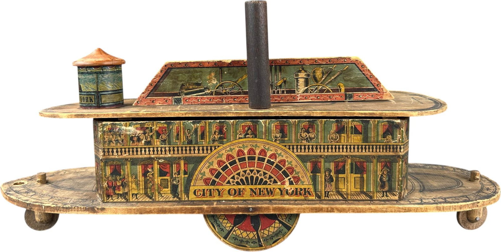REED CITY OF NEW YORK FERRY BOAT: 192. REED CITY OF NEW YORK FERRY BOAT | Provenance: Richard Mueller Collection. | Given the age and inherently fragile nature of these paper-lithographed wood toys, staining, tears, repairs, restorati