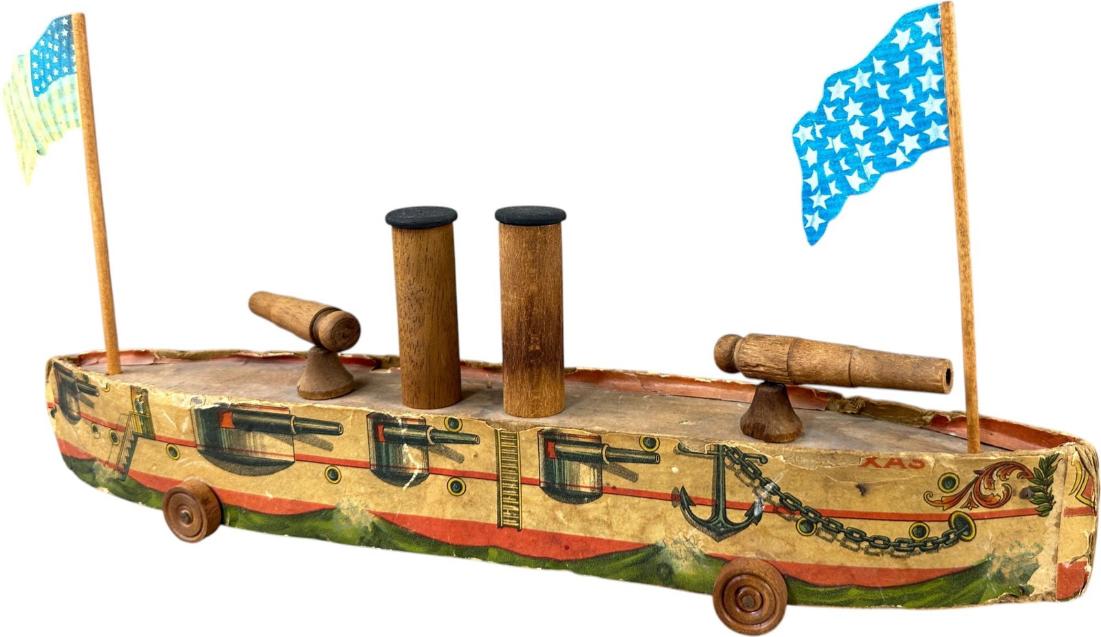 BLISS BATTLESHIP TEXAS: 193. BLISS BATTLESHIP TEXAS | Provenance: Richard Mueller Collection. | Given the age and inherently fragile nature of these paper-lithographed wood toys, staining, tears, repairs, restoration, and oc