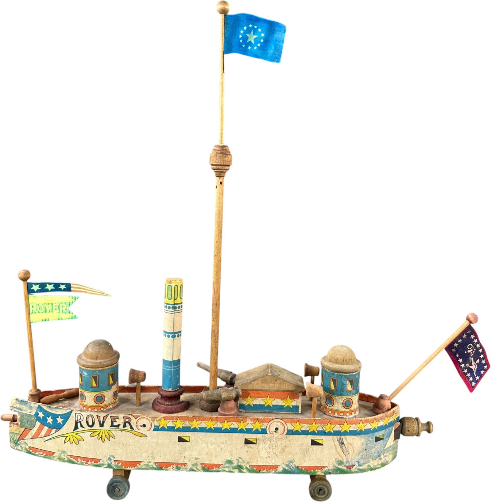 BLISS BATTLESHIP THE ROVER: 194. BLISS BATTLESHIP THE ROVER | Provenance: Richard Mueller Collection. | Given the age and inherently fragile nature of these paper-lithographed wood toys, staining, tears, repairs, restoration, an
