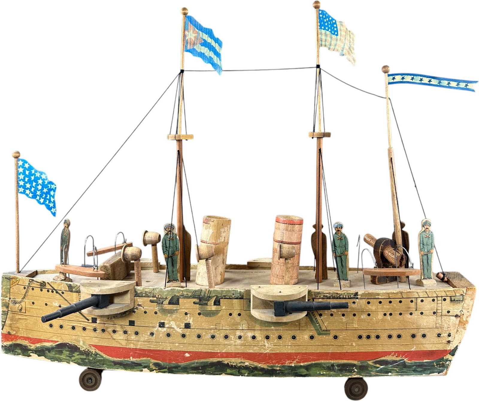 REED BATTLESHIP PHILADELPHIA: 195. REED BATTLESHIP PHILADELPHIA | Provenance: Richard Mueller Collection. | Given the age and inherently fragile nature of these paper-lithographed wood toys, staining, tears, repairs, restoration, 