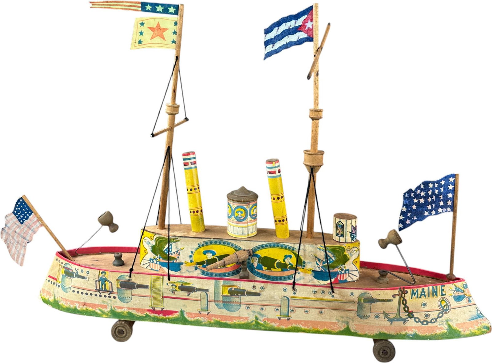 BLISS BATTLESHIP MAINE: 196. BLISS BATTLESHIP MAINE | Provenance: Richard Mueller Collection. | Given the age and inherently fragile nature of these paper-lithographed wood toys, staining, tears, repairs, restoration, and oc