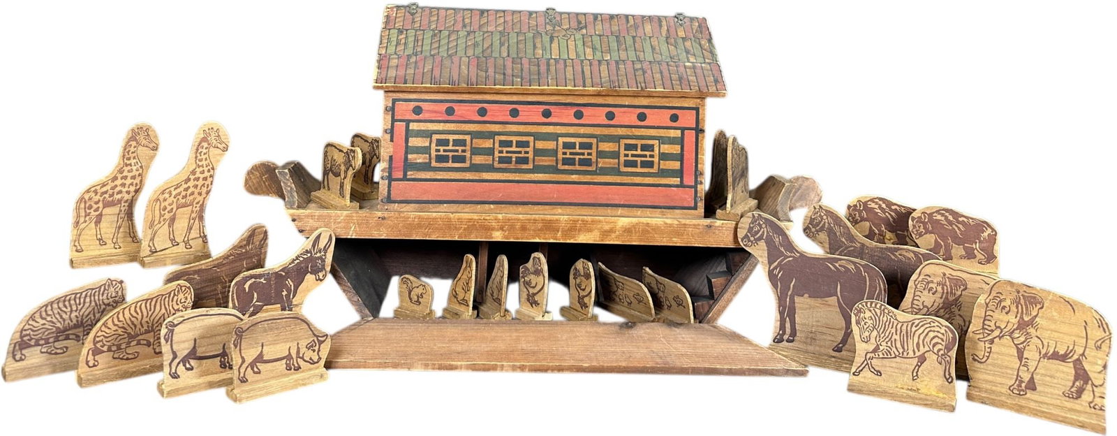CONVERSE NOAHS ARK: 200. CONVERSE NOAHS ARK | Provenance: Richard Mueller Collection. | Given the age and inherently fragile nature of these paper-lithographed wood toys, staining, tears, repairs, restoration, and