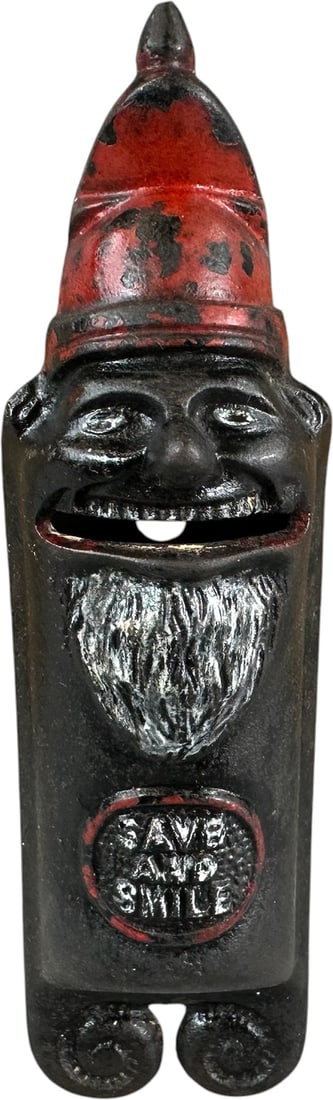 HANGING SAVE & SMILE SANTA STILL BANK: 206. HANGING SAVE & SMILE SANTA STILL BANK | Sydenham & McOustra, England. | 7.5" h. | Some minor touchup, (Very Good to Excellent Condition) | $300 - $400