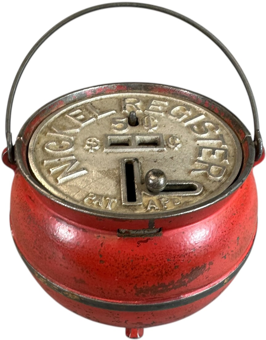 NICKEL REGISTER BEAN POT STILL BANK: 218. NICKEL REGISTER BEAN POT STILL BANK | USA maker. | 4.5" dia. | Some touchup to red paint, (Excellent Condition) | $150 - $300