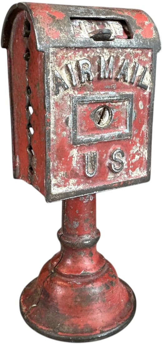 AIRMAIL ON PEDESTAL STILL BANK: 230. AIRMAIL ON PEDESTAL STILL BANK | Dent Hardware Co. | 6.5" h. | Needs a good cleaning, (Very Good to Excellent Condition) | $200 - $400
