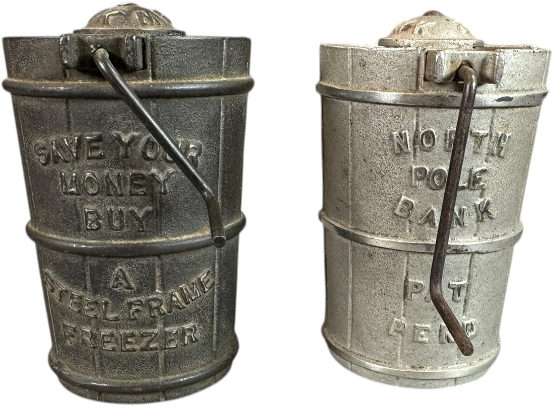 NORTH POLE AND RICHMOND ICE CREAM STILL BANK: 233. NORTH POLE AND RICHMOND ICE CREAM STILL BANK | Grey Iron Casting Co. | 4" h. | Richomnd is missing trap, overall (Excellent Condition) | $200 - $400