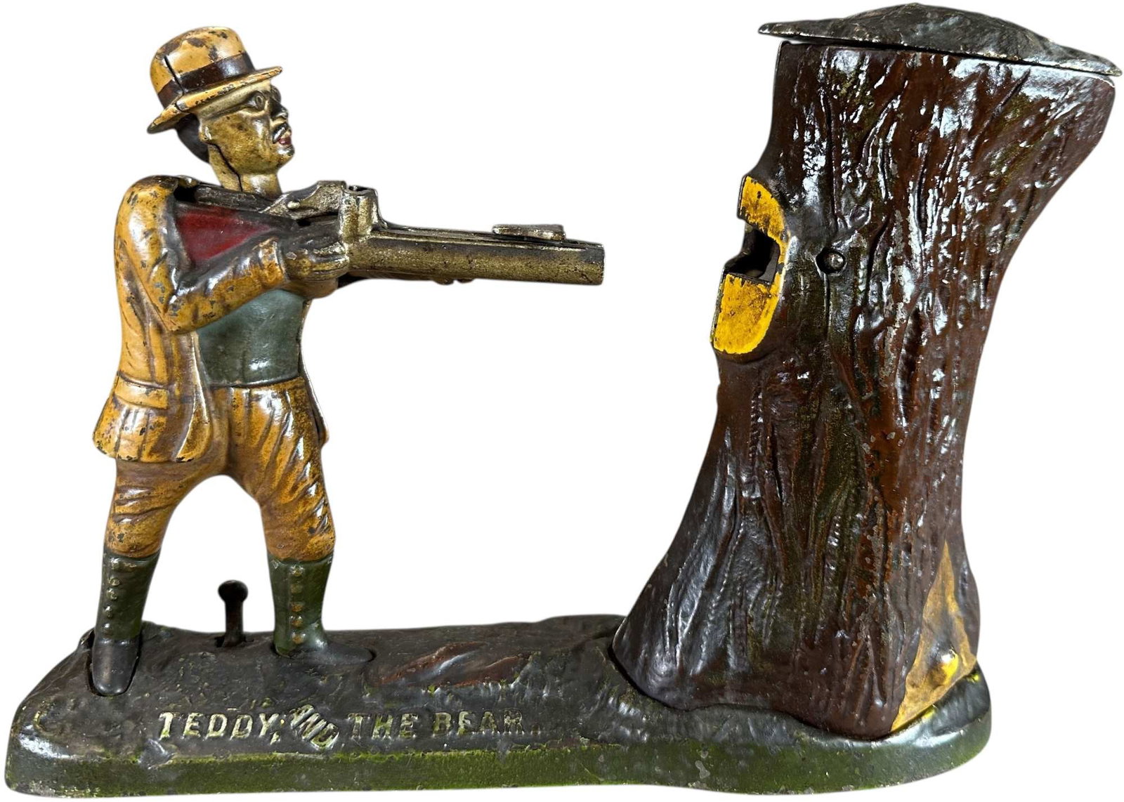 TEDDY & THE BEAR MECHANICAL BANK: 247. TEDDY & THE BEAR MECHANICAL BANK | J&E Stevens Co. | 10" l. | Bank will improve with a good cleaning, (Very Good to Excellent Condition) | $700 - $1,000