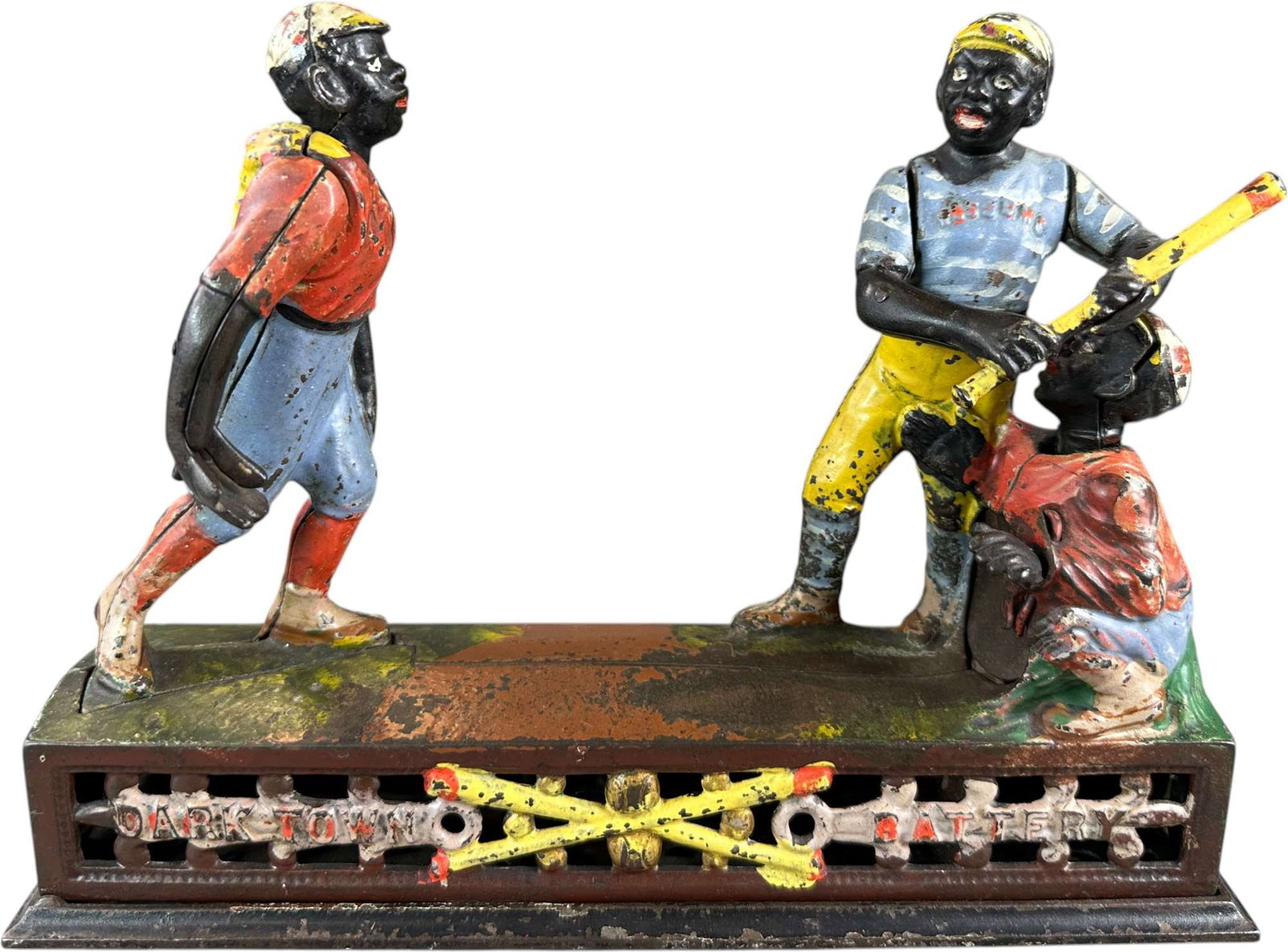 THE BASEBALL MECHANICAL BANK - DARKTOWN BATTERY: 248. THE BASEBALL MECHANICAL BANK | CULTURAL DISCLAIMER: Certain antique and vintage items in this sale include imagery or themes that reflect racial stereotypes now recognized as offensive. These obj