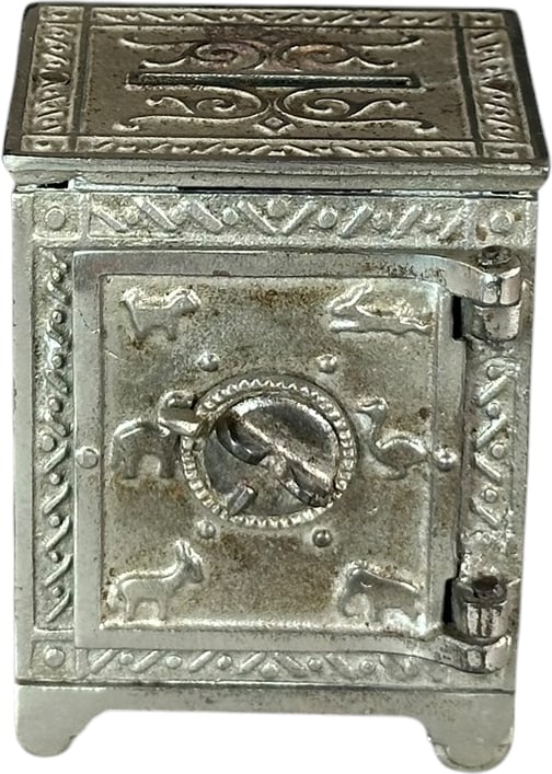 ANIMAL SAFE STILL BANK - NICKELED: 373. ANIMAL SAFE STILL BANK - NICKELED | Kyser & Rex, c.1882. | 3" h. | One tiny spot of wear at top near slot, this would shine up wonderfully, (Excellent Condition) | $300 - $600