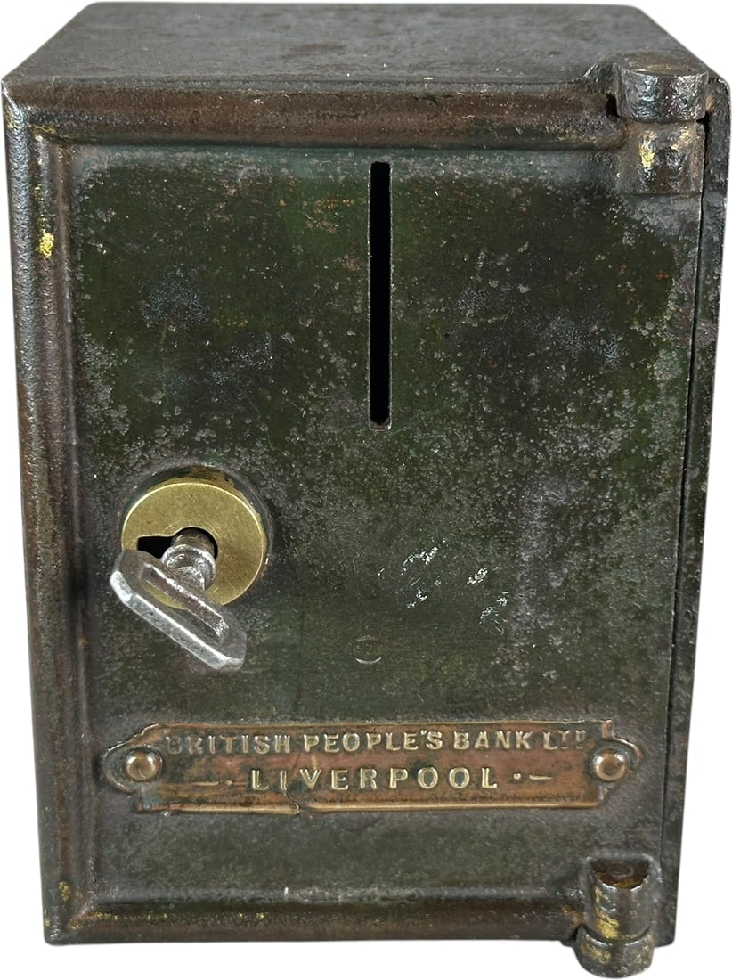 BRITISH PEOPLES BANK LTD. LIVERPOOL SAFE STILL BAN: 382. BRITISH PEOPLES BANK LTD. LIVERPOOL SAFE STILL BAN | Maker unknown. Ex: Egelhoff Collection. | 4.5" h. | Has interior intact, (Excellent Condition) | $150 - $300