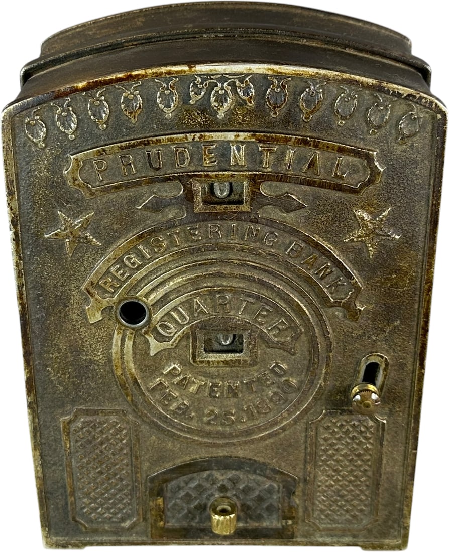 PRUDENTIAL QUARTER REGISTERING BANK STILL BANK: 384. PRUDENTIAL QUARTER REGISTERING BANK STILL BANK | Patd. February 25, 1890. | 7.5" h. | Missing knob and an interior mechanical portion for registering, partial decal at rear, (Very Good