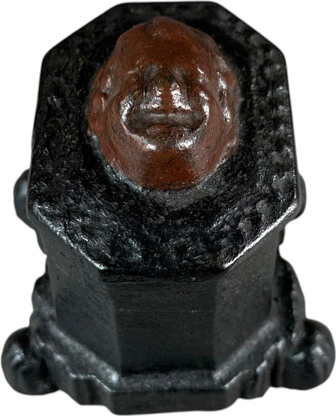 FIGURAL LID CAST IRON TOBACCO HOLDER: 391. FIGURAL LID CAST IRON TOBACCO HOLDER | 4.5" l. | Some areas of old touch-up, (Very Good Condition) | $50 - $100