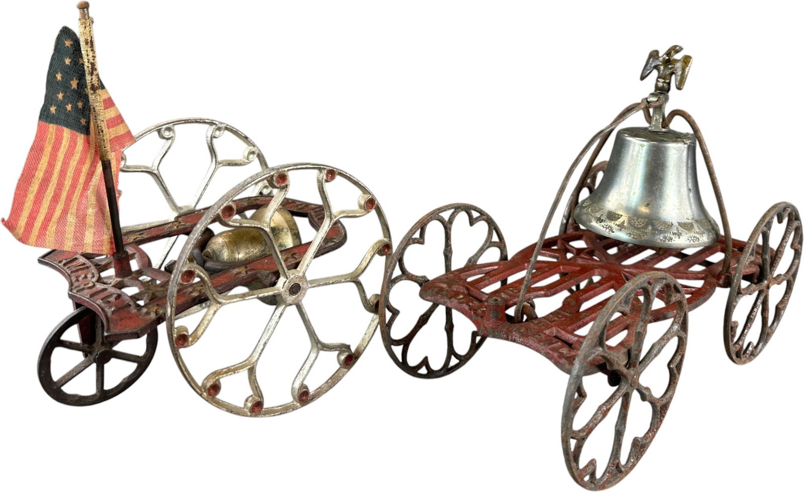 THE AMERICA & INDEPENDENCE BELL TOYS: 396. THE AMERICA & INDEPENDENCE BELL TOYS | Young America made by Gong Bell, Independence by Starr Bros. | 10" l. | These could greatly improve with a deep cleaning, (Very Good to Excellent