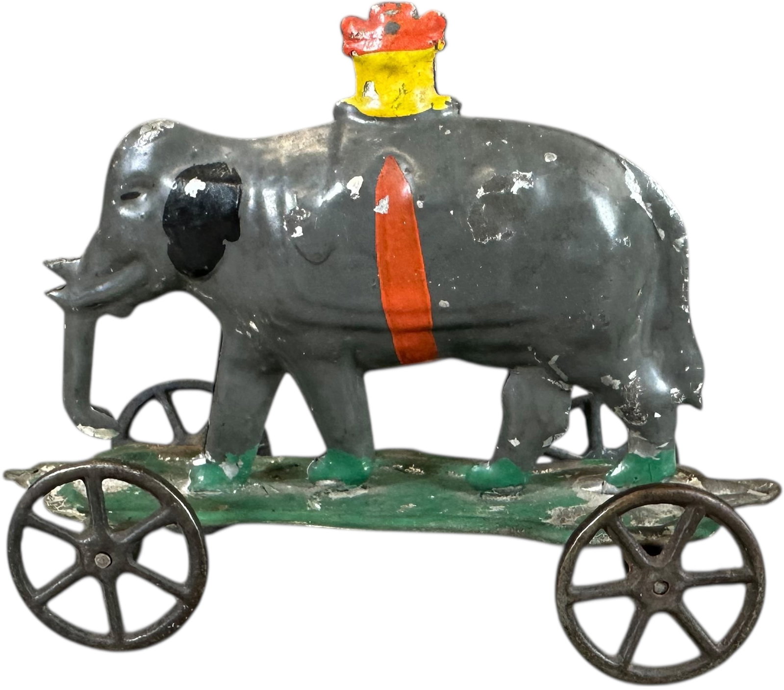 ALTHOF BERGMANN ELEPHANT W/ HOWDAH TOY: 401. ALTHOF BERGMANN ELEPHANT W/ HOWDAH TOY | Very cute small size. Provenance: Richard Mueller Collection. | 4.5" l. | Rear foot is re-soldered to base, paint is bright and all original (Excellent