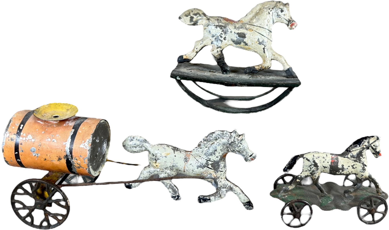 N/S 02/2025 -THREE AMERICAN TIN ANIMAL THEME TOYS: 403. N/S 02/2025 -THREE AMERICAN TIN ANIMAL THEME TOYS | USA, hand painted tin. | 7" l. | Horse on rocker has wire repair at broken ankles, others in (Very Good to Excellent Condition) | $150 - $300