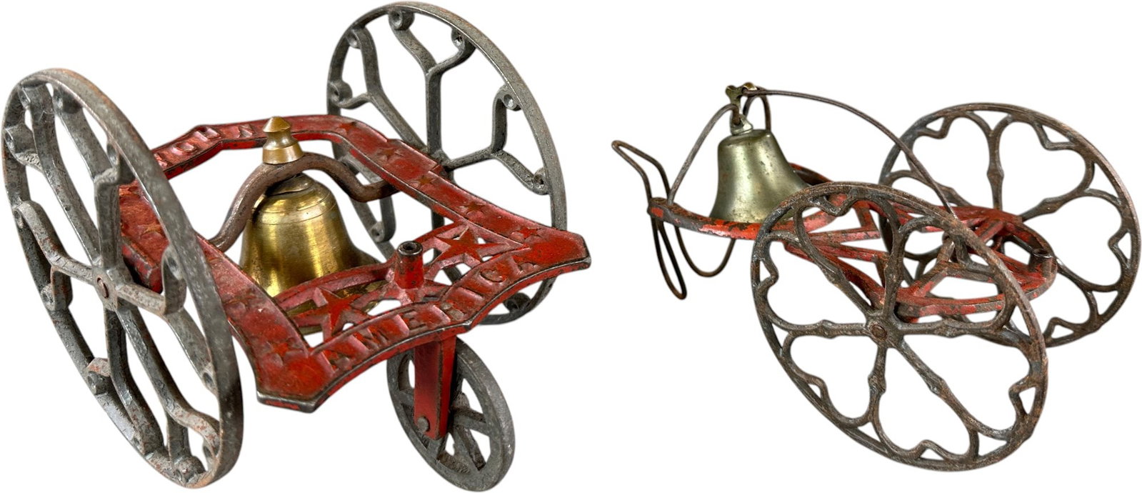 STAR & AMERICAN BELL TOYS: 408. STAR & AMERICAN BELL TOYS | Young America made by Gong Bell, Star made by W.E. Barton. | 6.5" l. | Young American has a hairline in the base, (Very Good to Excellent Condition) | $250 - $450
