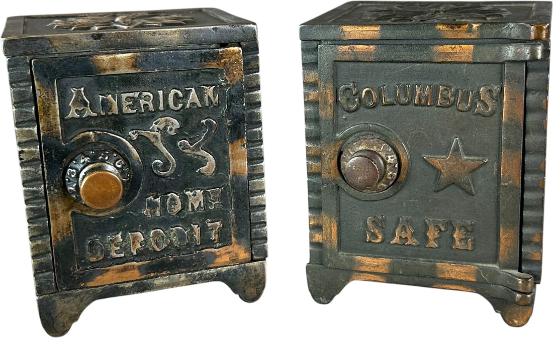 AMERICAN HOME DEPOSIT & COLUMBUS SAFE BANKS: 415. AMERICAN HOME DEPOSIT & COLUMBUS SAFE BANKS | Columbus, Wing c. 1895, American Mudd c. 1906., copper electroplated. | 5.5" h. | Overall (Excellent Condition) | $200 - $400