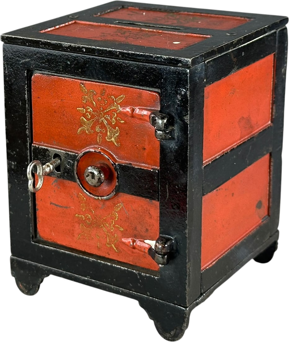 STENCILED DOOR W/ RECESSED KNOB SAFE STILL BANK: 418. STENCILED DOOR W/ RECESSED KNOB SAFE STILL BANK | Stevens, c. 1878. | 5" h. | Nice shine to paint, (Excellent Condition) | $200 - $400