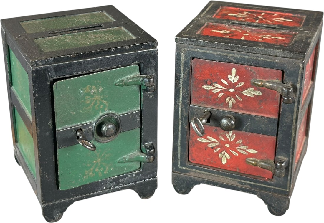 TWO STENCILED DOOR W/ CENTER KNOB SAFE STILL BANKS (1 of 7)