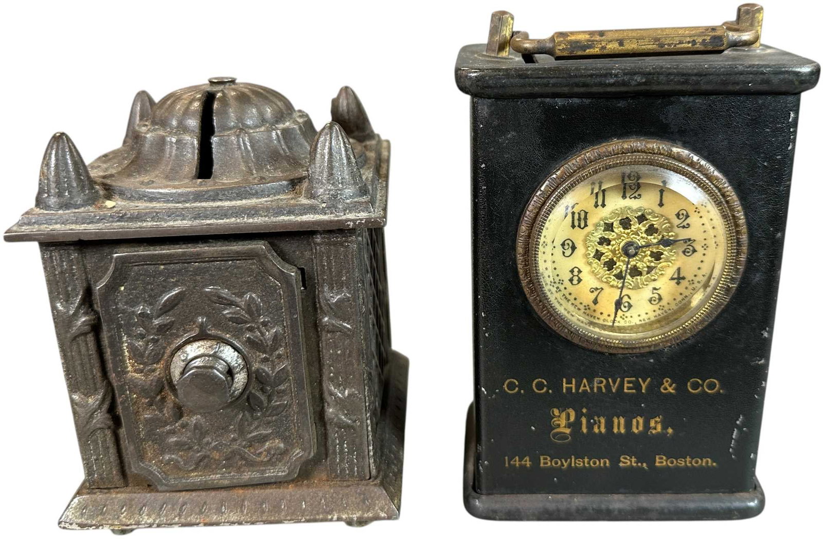 FOUR POST SAFE & CARRIAGE CLOCK STILL BANKS (1 of 7)