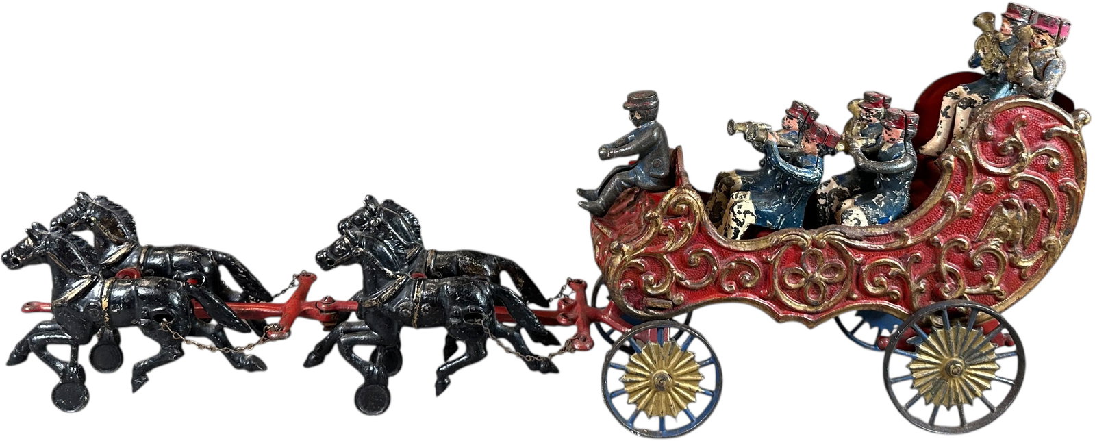 HUBLEY REDUCED SIZE BAND WAGON: 445. HUBLEY REDUCED SIZE BAND WAGON | 22" l. | One replaced trumpet player figure while others are all authentic with old overpaint at pants, chips to black horses are darkened, some overpaint to reds
