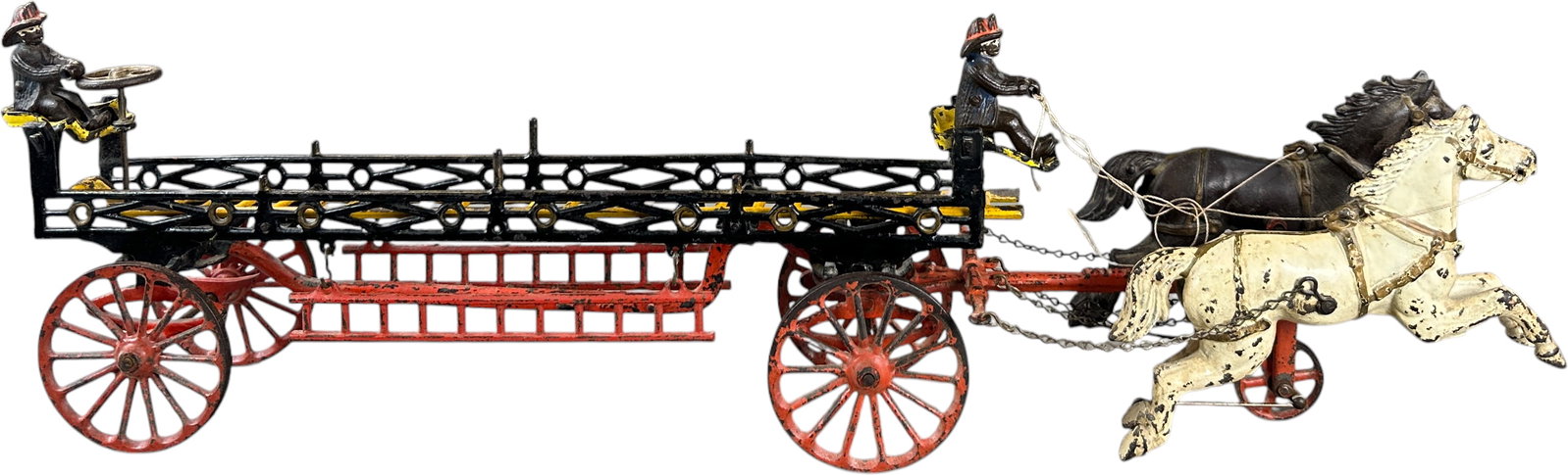 IVES HORSE DRAWN PHOENIX LADDER WAGON: 463. IVES HORSE DRAWN PHOENIX LADDER WAGON | 28" l. | Original figures, small red ladders replaced, (Very Good to Excellent Condition) | $600 - $1,200