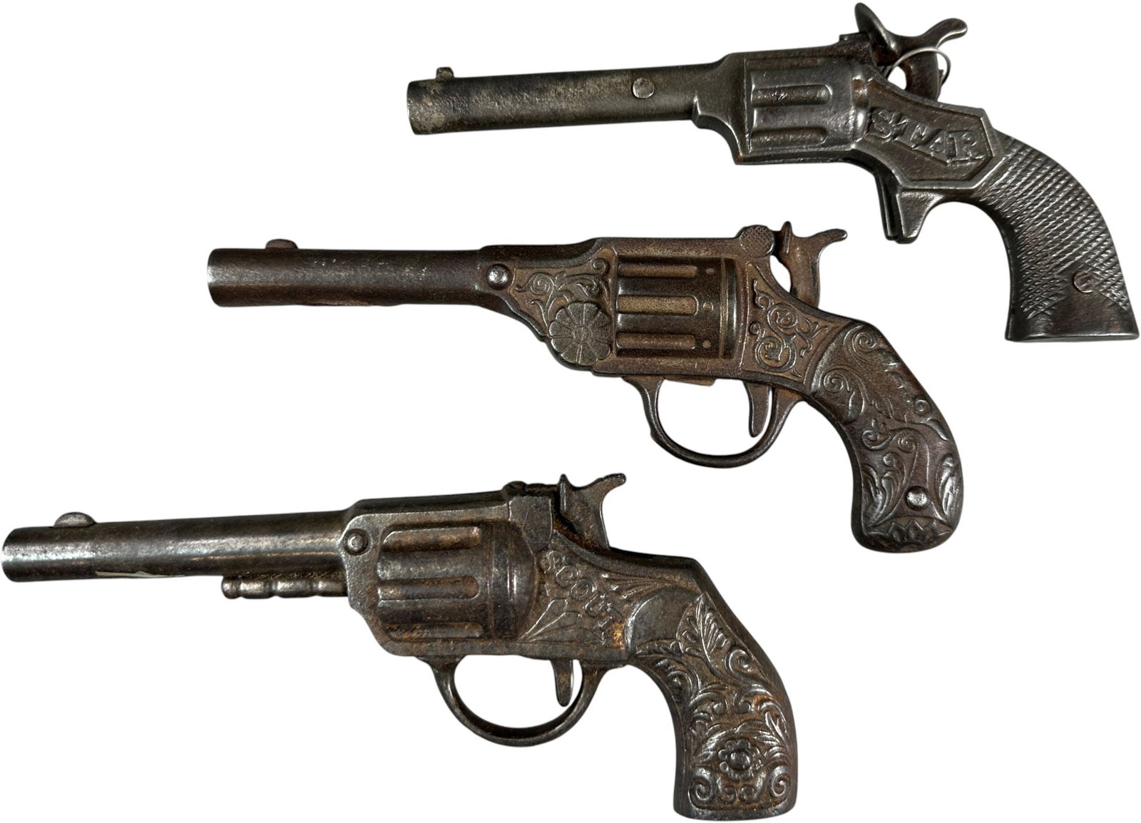 SCOUT, STAR, & PAT. PENDING 1890 CAP GUNS: 486. SCOUT, STAR, & PAT. PENDING 1890 CAP GUNS | 7.5" l. | (Very Good Condition) | $150 - $300
