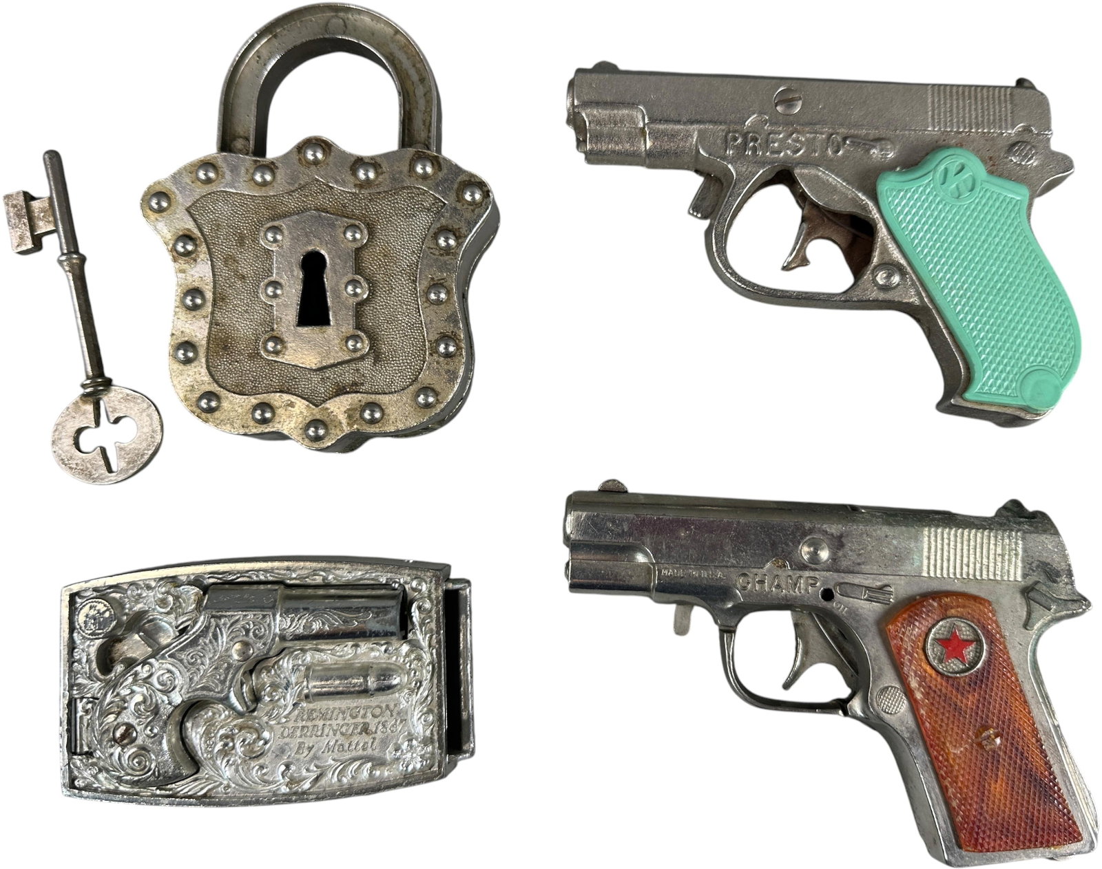 PRESTO, CHAMP, DERRINGER CAP GUNS AND HUBLEY LOCK: 493. PRESTO, CHAMP, DERRINGER CAP GUNS AND HUBLEY LOCK | Kilgore and Mattel. | 5.5" l. | (Very Good to Excellent Condition) | $150 - $300