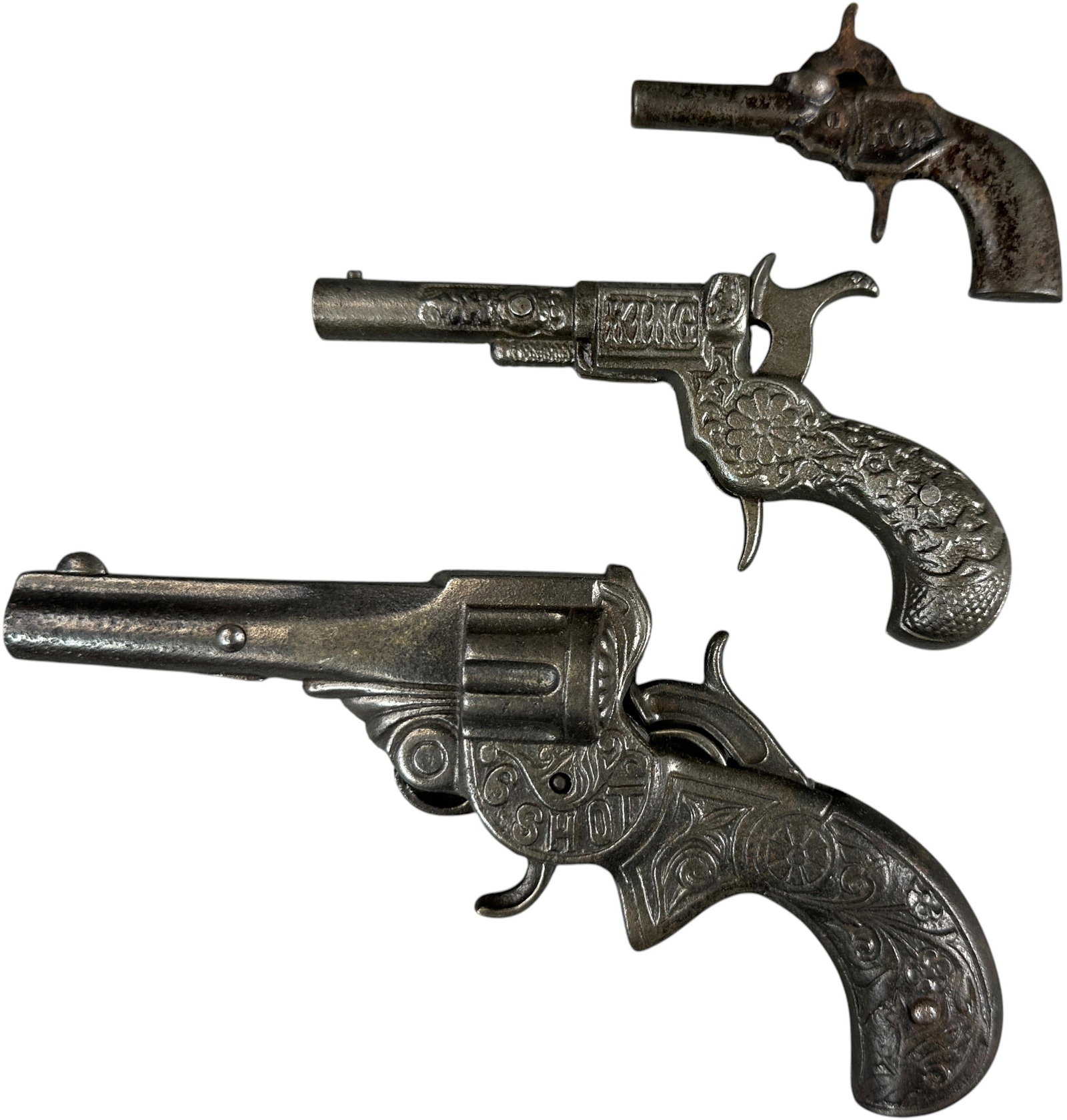 POP, KING AND SIX SHOOTER CAP GUNS: 497. POP, KING AND SIX SHOOTER CAP GUNS | 7.5" l. | (Very Good to Excellent Condition) | $200 - $400