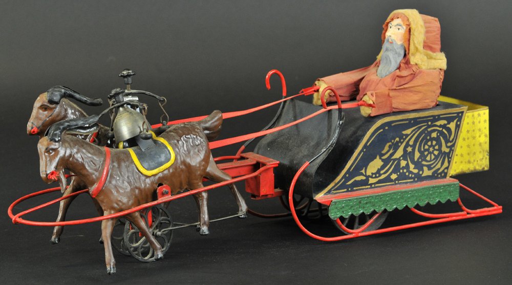 ALTHOF BERGMANN SANTA SLEIGH WITH GOATS: Reproduction, nicely scaled and detailed contemporary rendition of one of the most sought after toys of the Early American examples. Santa seated at tin sleigh drawn by goats makes a rather imposing v