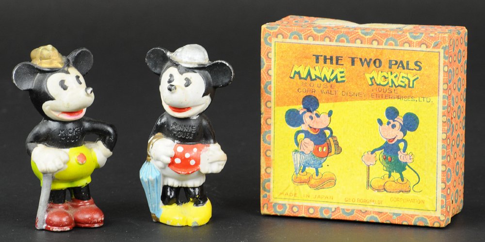 MICKEY AND MINNIE MOUSE BISQUE FIGURES: Boxed set, Japan, Geo. Borgfeldt Corp., © Walt Disney Enterprises, hand painted Minnie with umbrella, Mickey holds cane, colorful box lid graphics. 4" h.