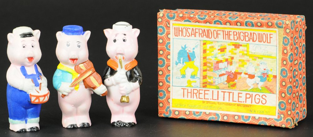 THREE LITTLE PIGS BISQUE FIGURE SET: Japan, Geo. Borgfeldt Dist., by special permission of Walt Disney, NY, NY, colorful box and hand painted figures. 3 3/4" h.