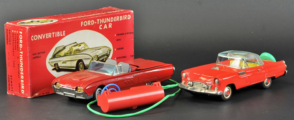 1956 & 1963 FORD THUNDERBIRDS: Japan, box included for retractable top 1963 Ford model, both bodies done in red, 1956 features see-through green tint plastic, top friction powered, 1963 is remote controlled, battery-operated. 11" t