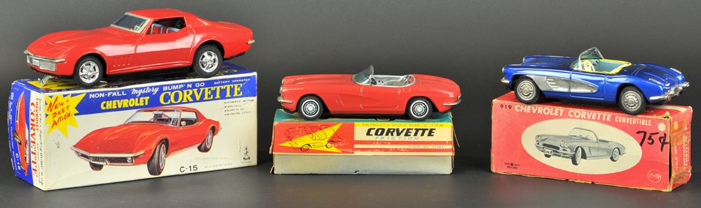 LOT OF CHEVY CORVETTES: Japan, two-door grouping includes a 1958 boxed convertible in blue, 1962 convertible in red with litho interior, and boxed later 1968 model in red, battery-operated. 7 3/4" to 10" l.